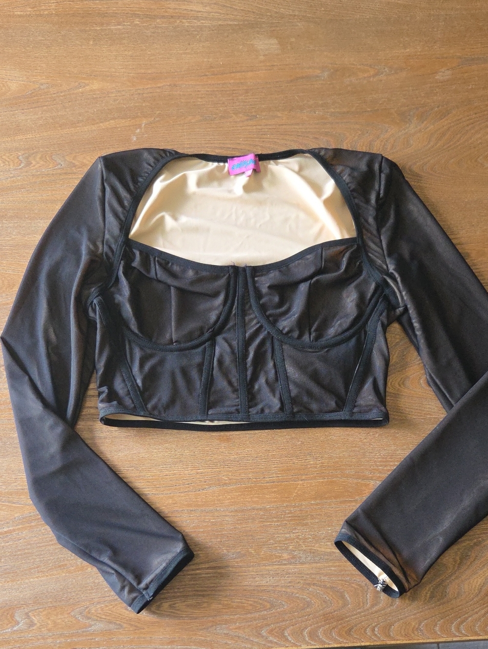Edikted Black Long-Sleeve Mesh Corset Crop Top